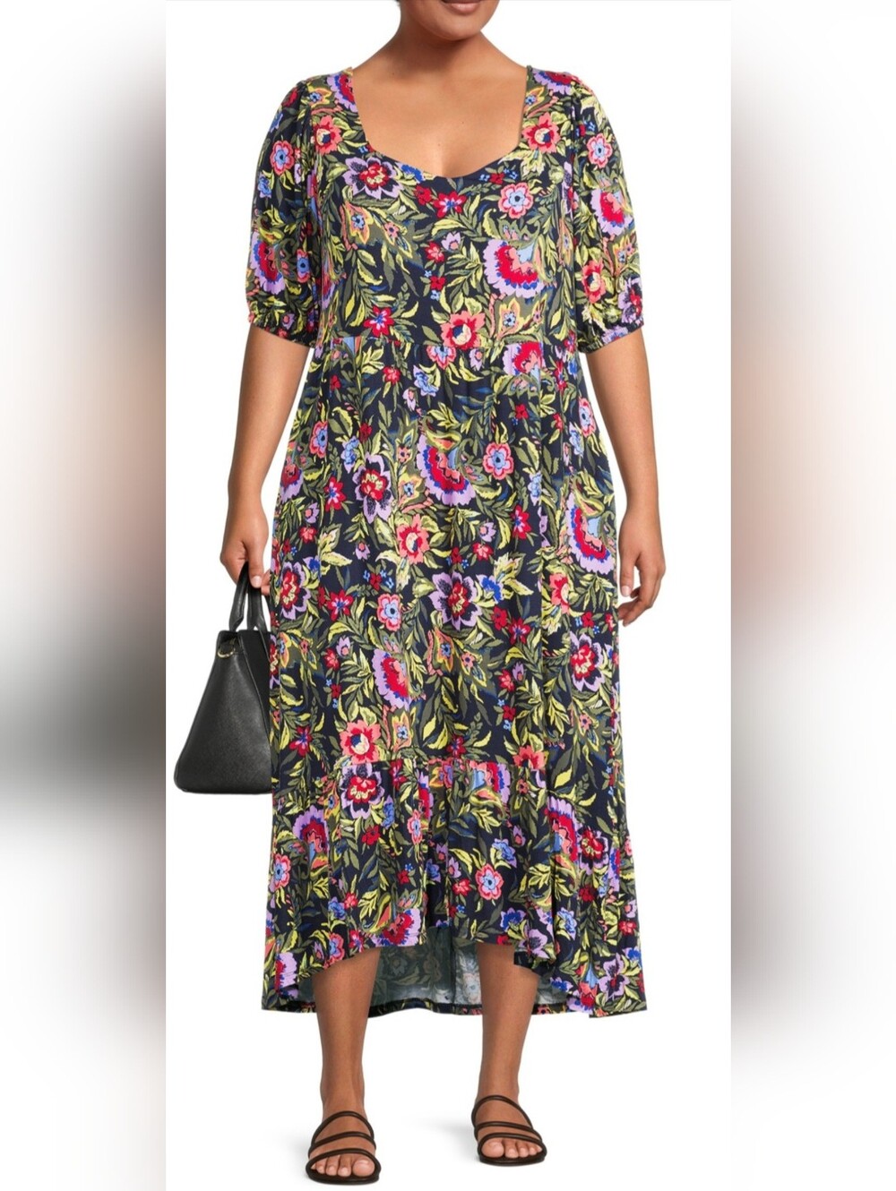Terra & Sky Stretch Rayon Black Maxi Dress with Pink, Purple/Green Floral 1X 16W